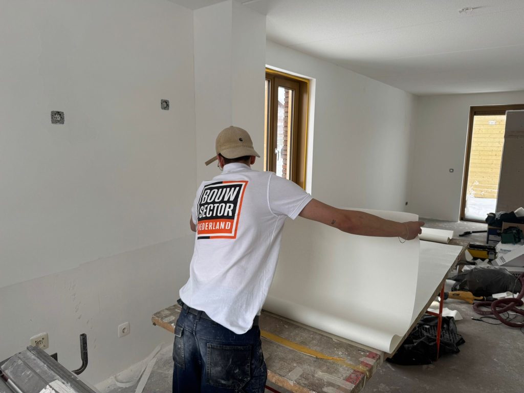 Behanger van Bouwsector Nederland rolt een baan renovlies uit op de plaktafel in een woning in afbouw