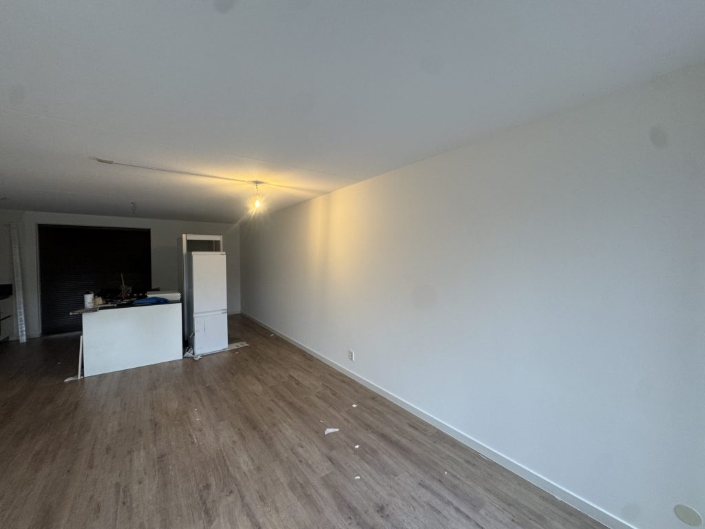 Lange woonkamer met laminaatvloer en een strakke witte wand na het behangen en sauzen